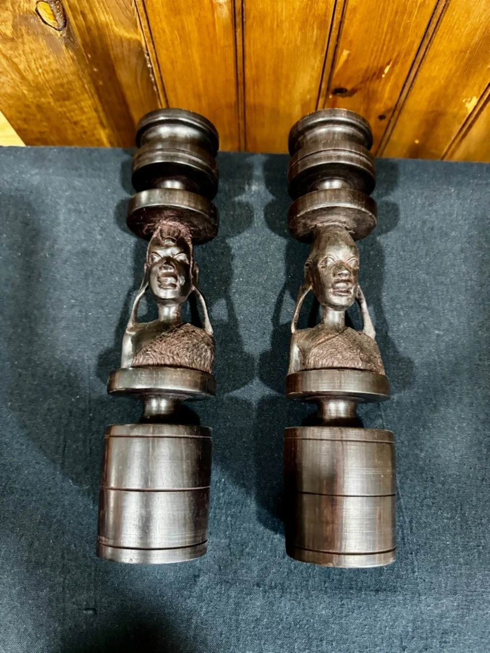 Vintage Hand-Carved African Folk Art Ebony Wood Candle Holders - Picture 3 of 6